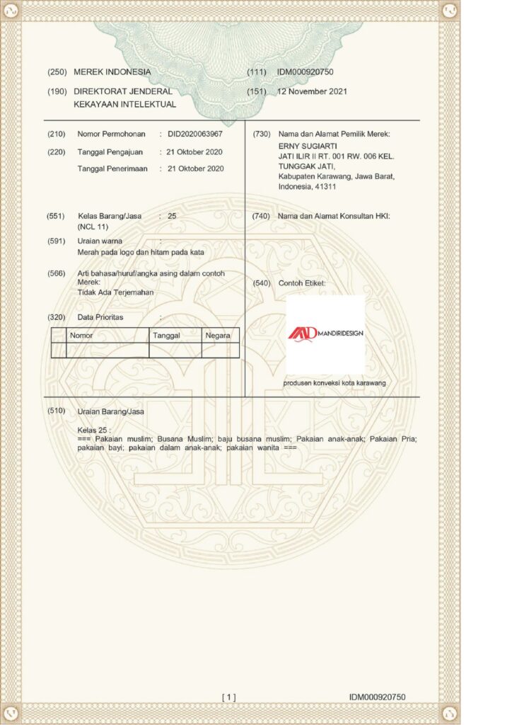 Sertifikat merek Mandiri Design halaman kedua