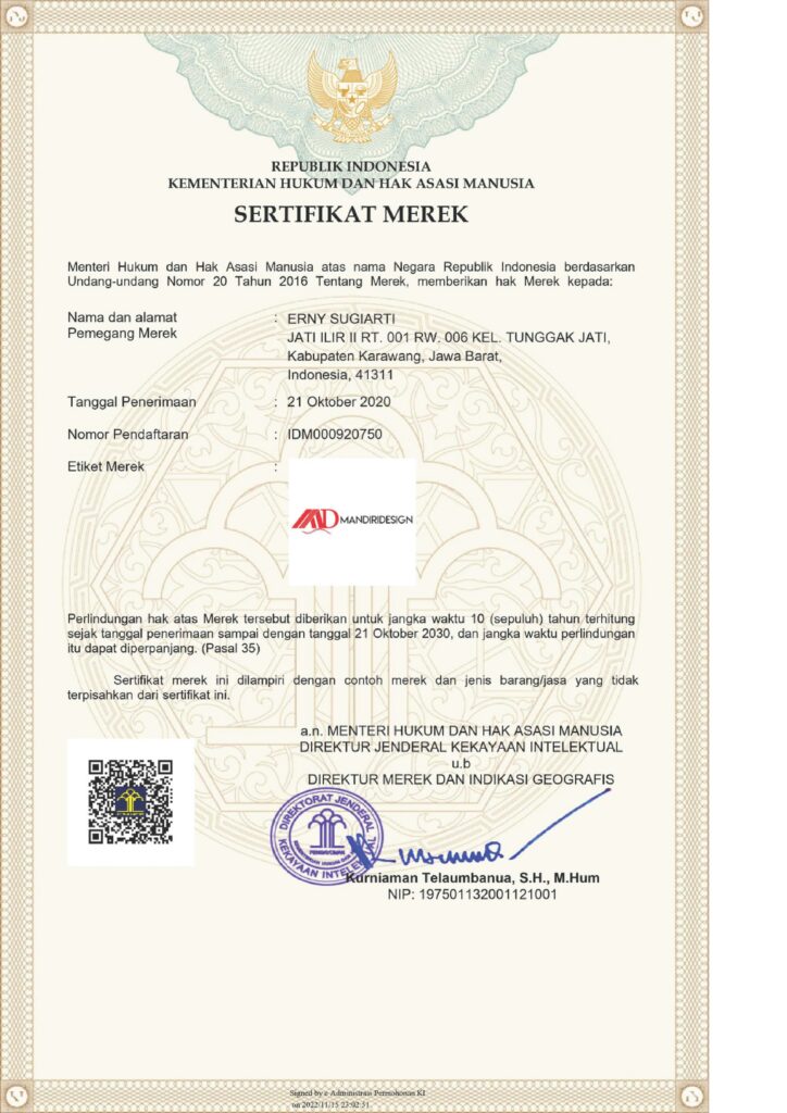 Sertifikat merek Mandiri Design halaman pertama