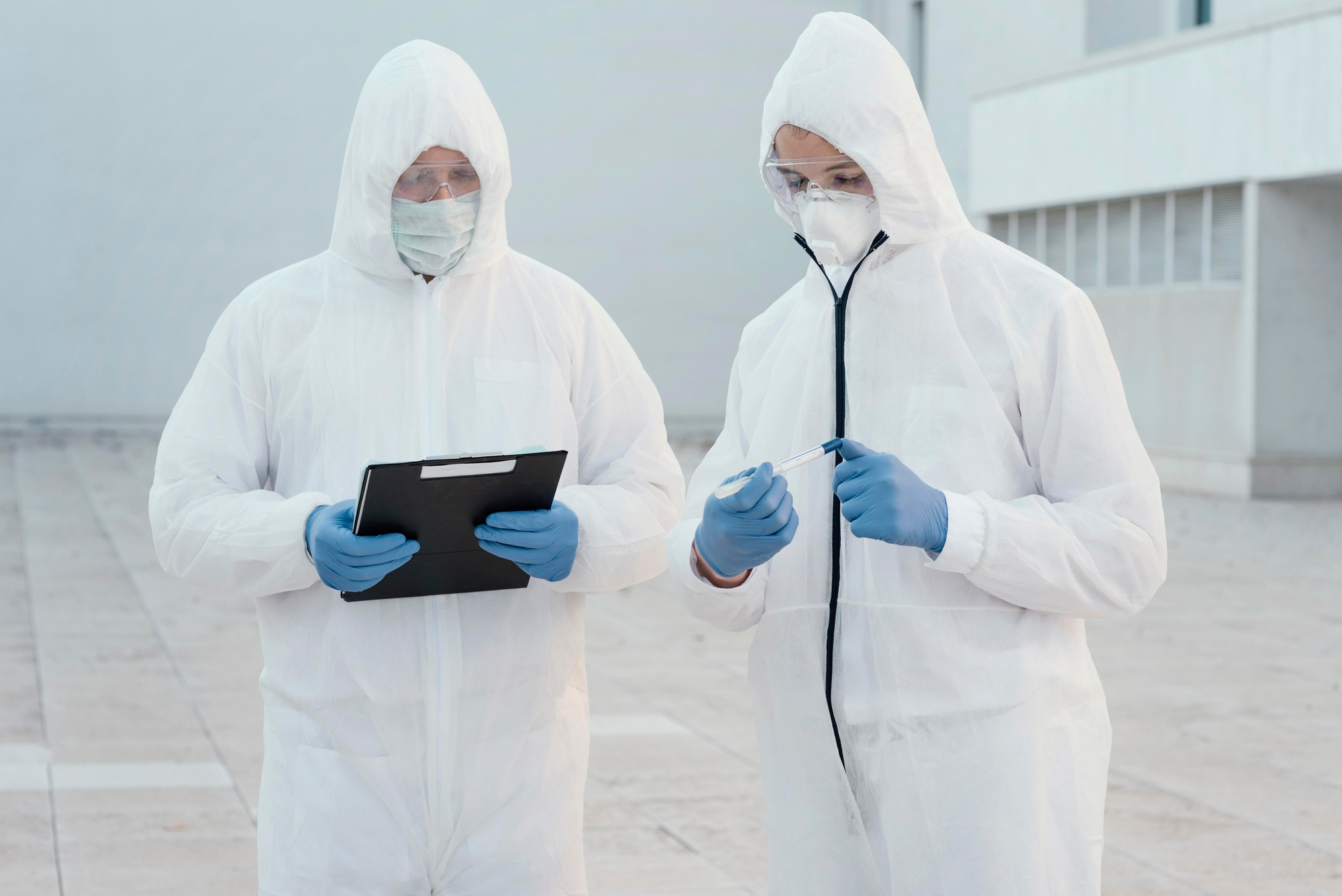 Dua orang sedang menggunakan seragam antistatik berkualitas dalam pekerjaan mereka di sebuah cleanroom dari sebuah odern factory