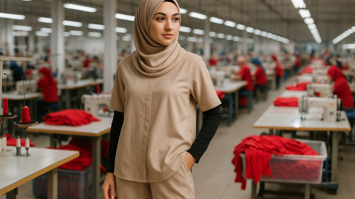 Seorang wanita berhijab mengenakan desain one set wanita modern berdiri di pabrik konveksi tekstil Jawa Barat.