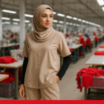 Seorang wanita berhijab mengenakan desain one set wanita modern berdiri di pabrik konveksi tekstil Jawa Barat.