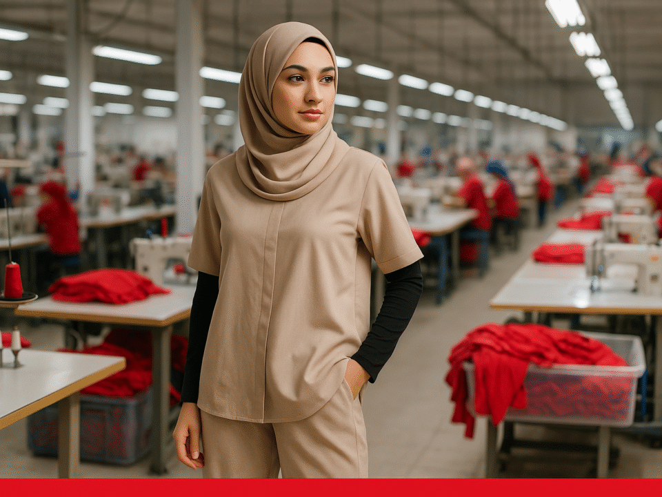 Seorang wanita berhijab mengenakan desain one set wanita modern berdiri di pabrik konveksi tekstil Jawa Barat.