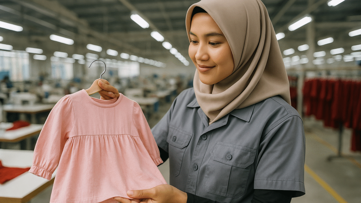 Pekerja wanita berhijab memeriksa baju anak berbahan katun berwarna pink di pabrik konveksi modern Jawa Barat.