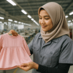 Pekerja wanita berhijab memeriksa baju anak berbahan katun berwarna pink di pabrik konveksi modern Jawa Barat.