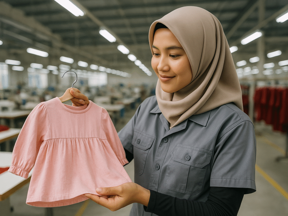 Pekerja wanita berhijab memeriksa baju anak berbahan katun berwarna pink di pabrik konveksi modern Jawa Barat.