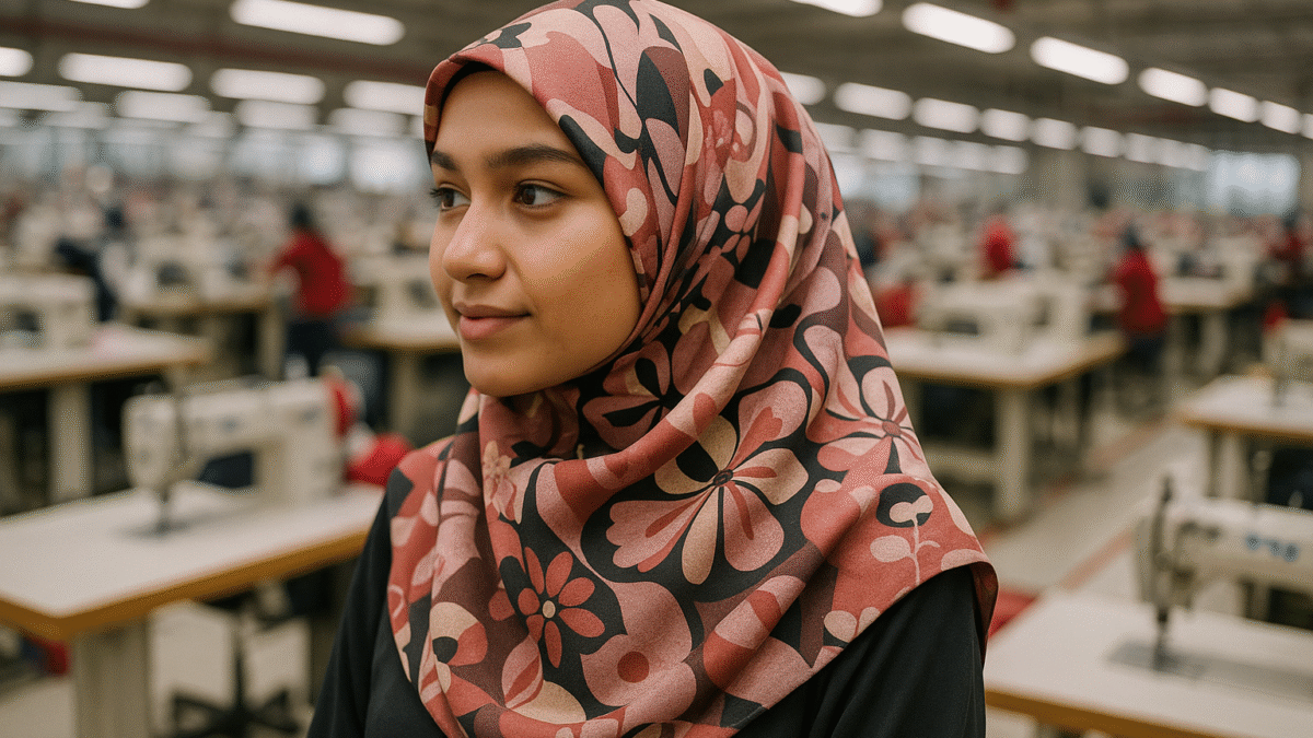 Remaja muslimah mengenakan hijab bermotif bunga modern, berpose di pabrik tekstil garmen Jawa Barat.