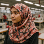 Remaja muslimah mengenakan hijab bermotif bunga modern, berpose di pabrik tekstil garmen Jawa Barat.