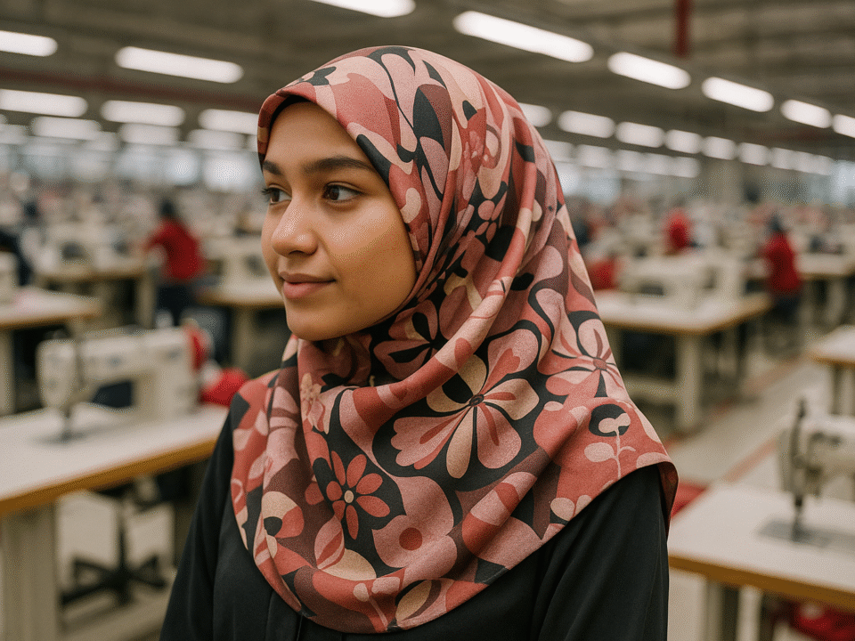 Remaja muslimah mengenakan hijab bermotif bunga modern, berpose di pabrik tekstil garmen Jawa Barat.