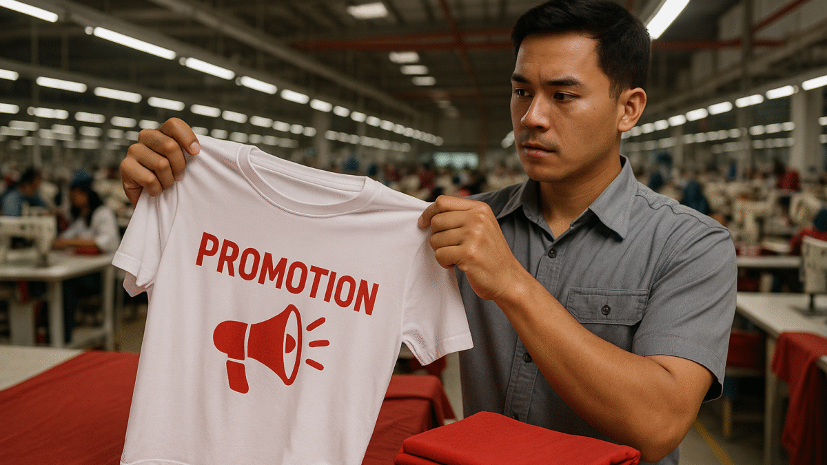 Seorang pria memegang kaos putih dengan desain promosi di pabrik konveksi modern Jawa Barat, dikelilingi oleh proses produksi pakaian.
