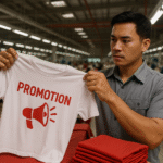 Seorang pria memegang kaos putih dengan desain promosi di pabrik konveksi modern Jawa Barat, dikelilingi oleh proses produksi pakaian.