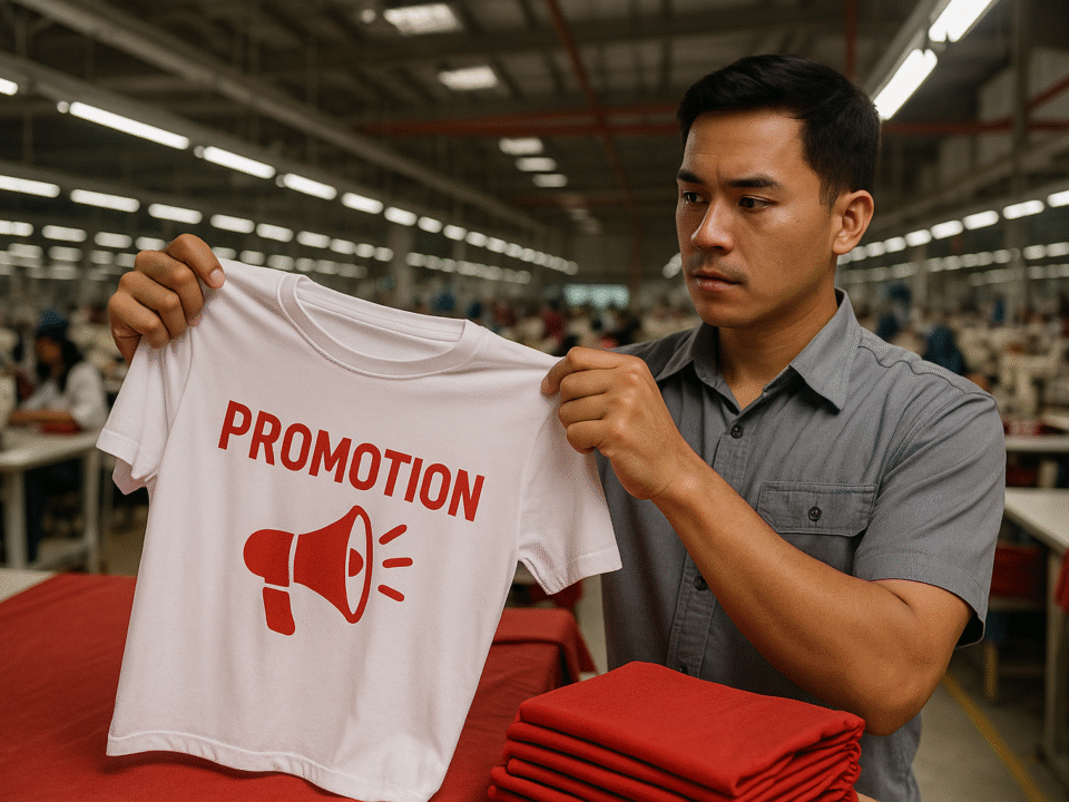 Seorang pria memegang kaos putih dengan desain promosi di pabrik konveksi modern Jawa Barat, dikelilingi oleh proses produksi pakaian.