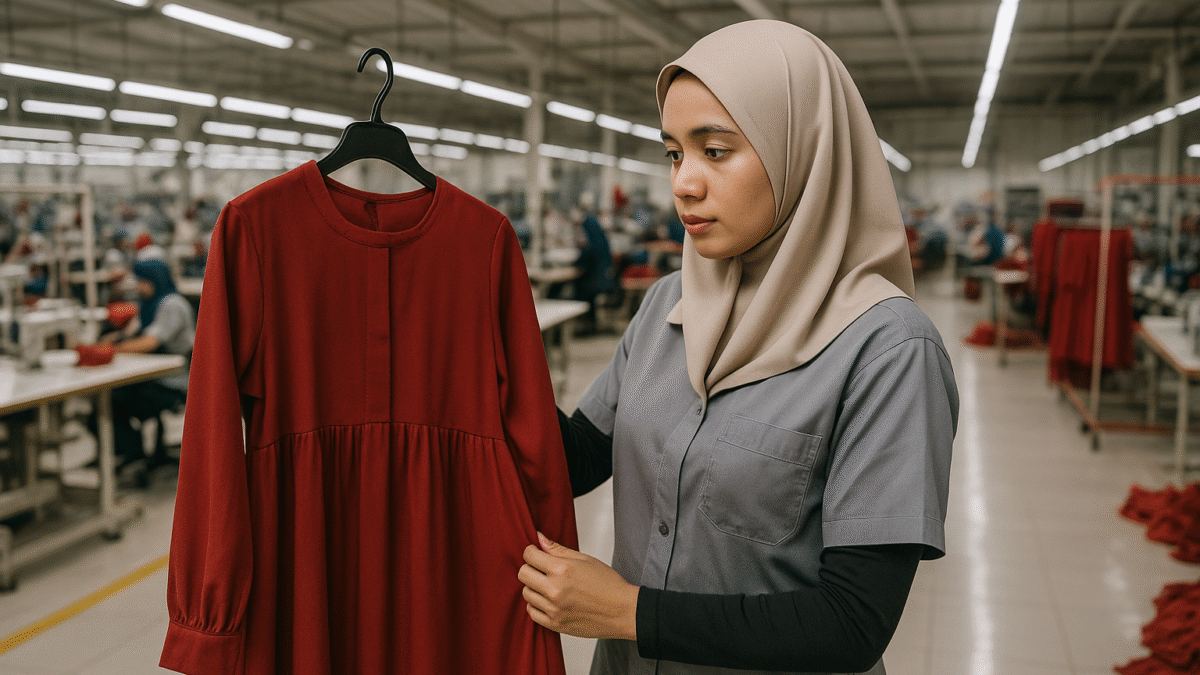 Seorang wanita berhijab di pabrik tekstil modern sedang memeriksa baju muslim berwarna merah yang digantung di gantungan pakaian.