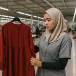 Seorang wanita berhijab di pabrik tekstil modern sedang memeriksa baju muslim berwarna merah yang digantung di gantungan pakaian.