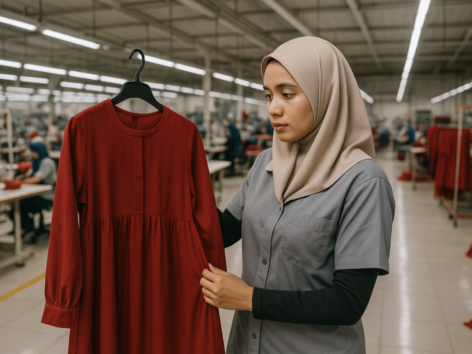 Seorang wanita berhijab di pabrik tekstil modern sedang memeriksa baju muslim berwarna merah yang digantung di gantungan pakaian.