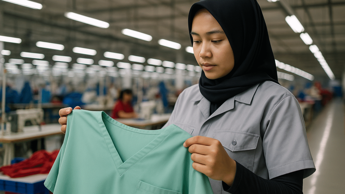 Pekerja garmen wanita berhijab memeriksa seragam rumah sakit antibakteri berwarna hijau di pabrik tekstil modern.