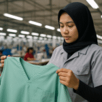 Pekerja garmen wanita berhijab memeriksa seragam rumah sakit antibakteri berwarna hijau di pabrik tekstil modern.