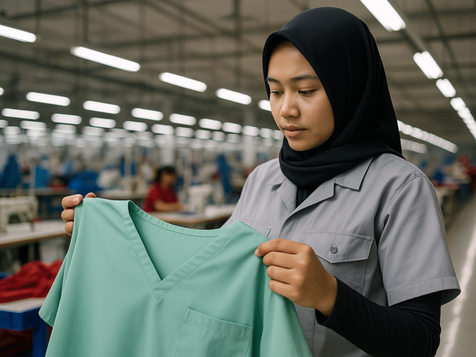 Pekerja garmen wanita berhijab memeriksa seragam rumah sakit antibakteri berwarna hijau di pabrik tekstil modern.