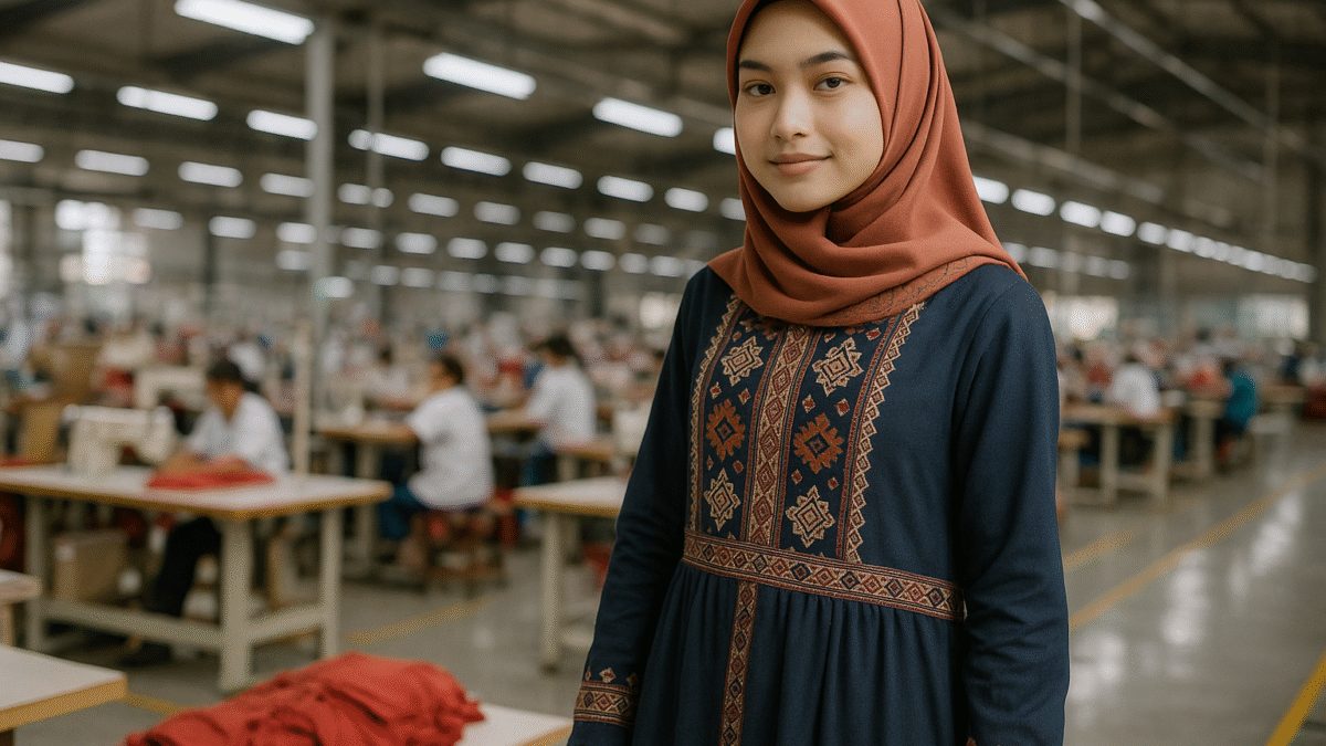 Remaja wanita mengenakan gamis etnik modern di pabrik tekstil Jawa Barat, dengan latar pekerja garmen di area produksi.