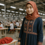 Remaja wanita mengenakan gamis etnik modern di pabrik tekstil Jawa Barat, dengan latar pekerja garmen di area produksi.