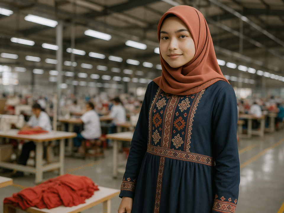 Remaja wanita mengenakan gamis etnik modern di pabrik tekstil Jawa Barat, dengan latar pekerja garmen di area produksi.