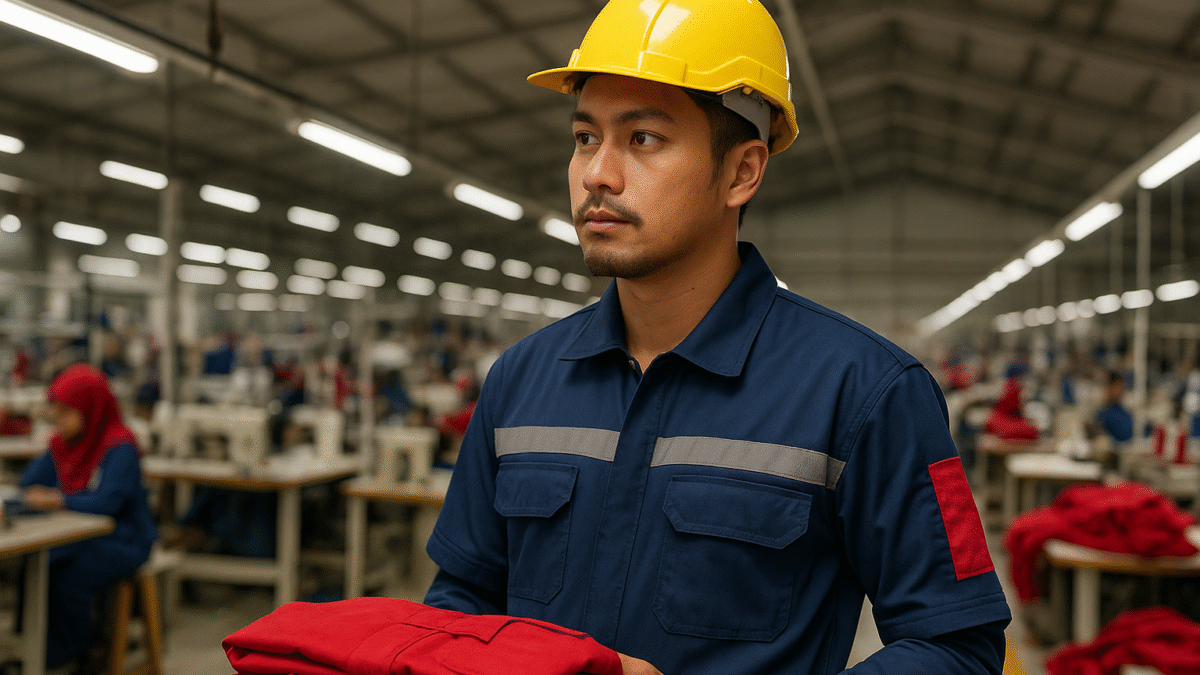 Pria berseragam wearpack teknisi lapangan standar dan helm kuning memegang tumpukan pakaian di pabrik konveksi modern Jawa Barat.