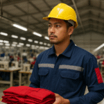 Pria berseragam wearpack teknisi lapangan standar dan helm kuning memegang tumpukan pakaian di pabrik konveksi modern Jawa Barat.