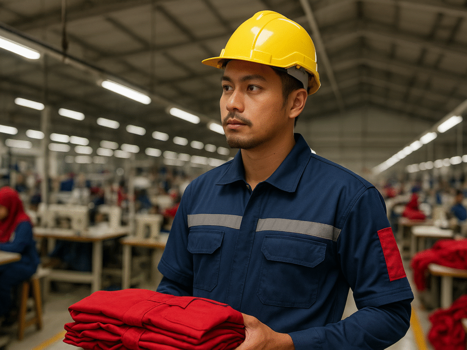 Pria berseragam wearpack teknisi lapangan standar dan helm kuning memegang tumpukan pakaian di pabrik konveksi modern Jawa Barat.