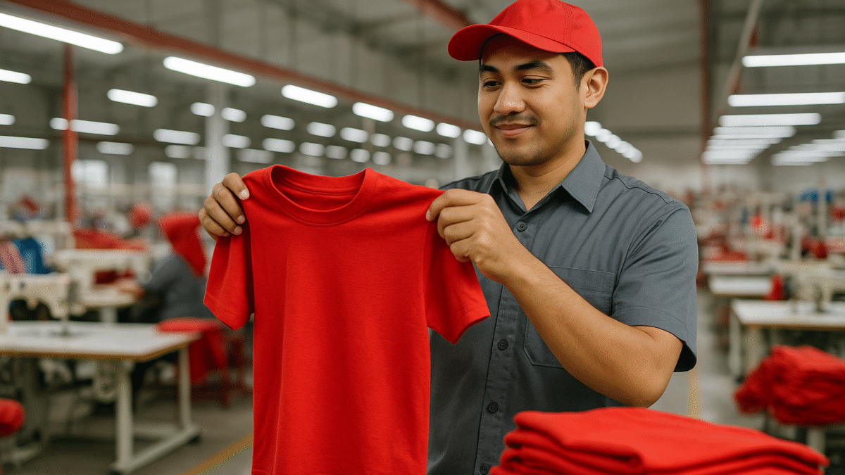 Seorang pria muda berseragam kerja memegang kaos merah di pabrik konveksi modern, siap untuk pesanan merchandise event komunitas.