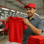 Seorang pria muda berseragam kerja memegang kaos merah di pabrik konveksi modern, siap untuk pesanan merchandise event komunitas.