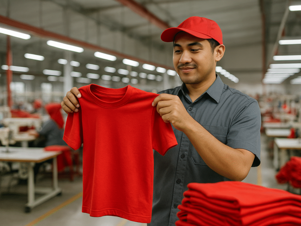 Seorang pria muda berseragam kerja memegang kaos merah di pabrik konveksi modern, siap untuk pesanan merchandise event komunitas.