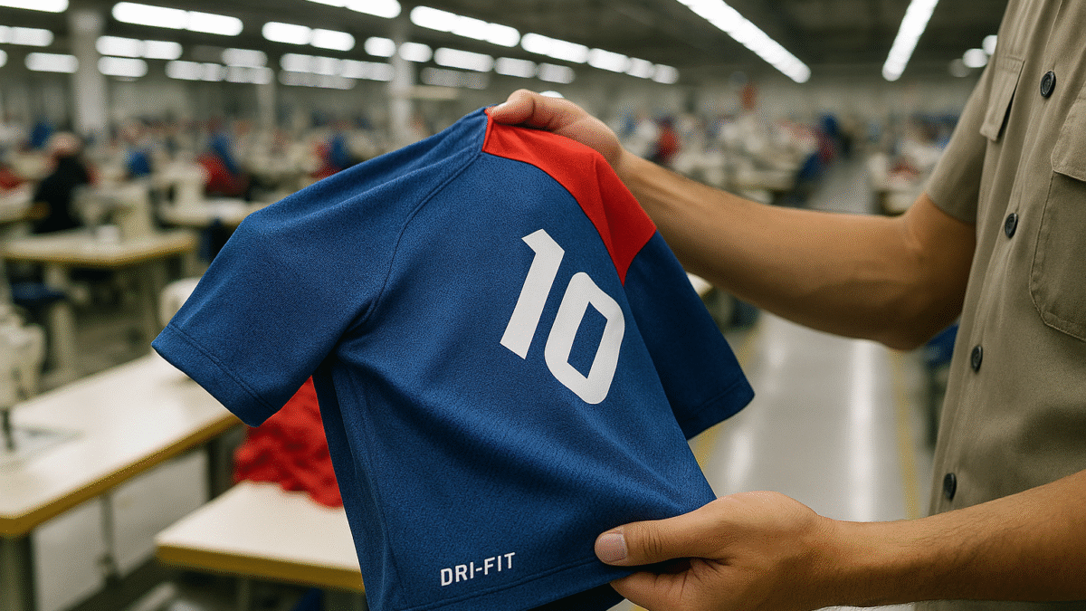 Seorang pekerja memegang jersey olahraga berbahan dryfit berwarna biru dengan aksen merah di pabrik konveksi modern Jawa Barat.