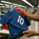 Seorang pekerja memegang jersey olahraga berbahan dryfit berwarna biru dengan aksen merah di pabrik konveksi modern Jawa Barat.