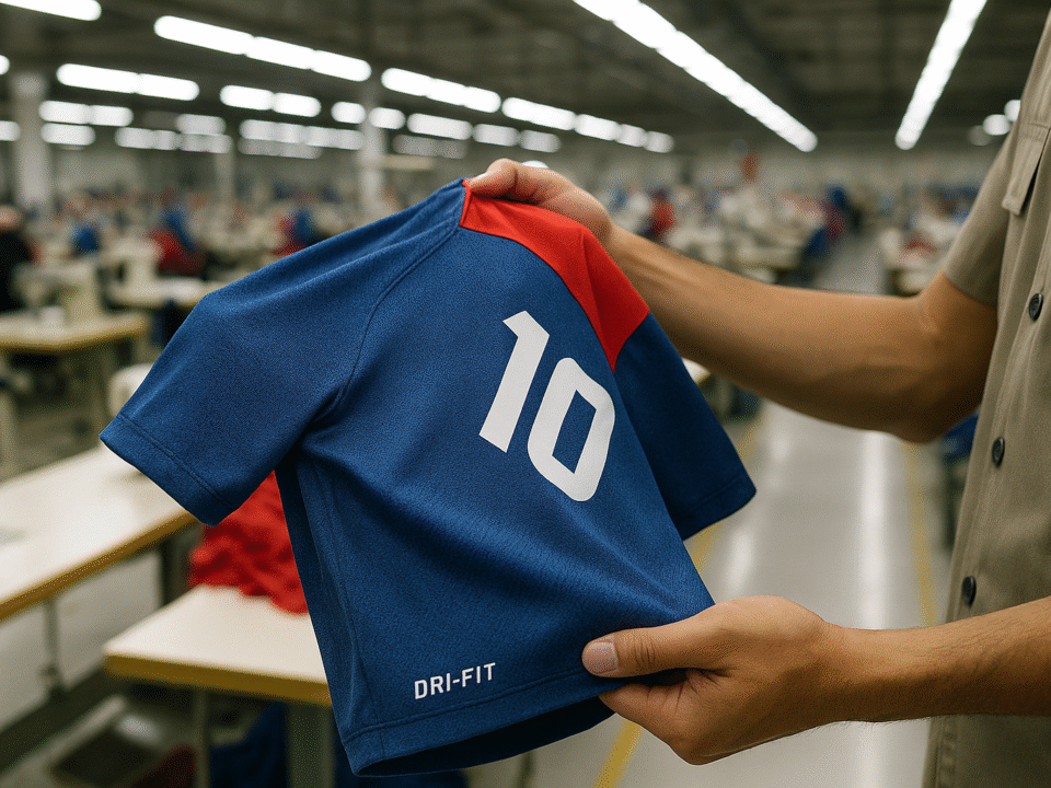 Seorang pekerja memegang jersey olahraga berbahan dryfit berwarna biru dengan aksen merah di pabrik konveksi modern Jawa Barat.