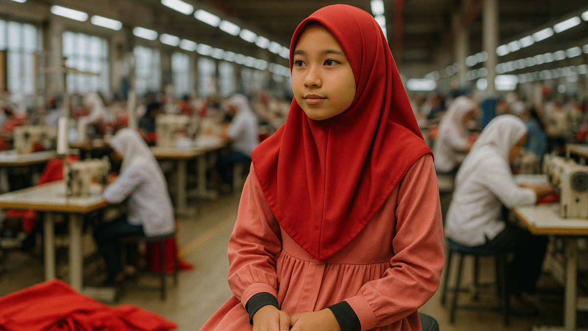 Seorang gadis muda berhijab merah dan gaun pink duduk di pabrik garmen modern, dengan pekerja di belakangnya sedang menjahit.