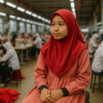 Seorang gadis muda berhijab merah dan gaun pink duduk di pabrik garmen modern, dengan pekerja di belakangnya sedang menjahit.