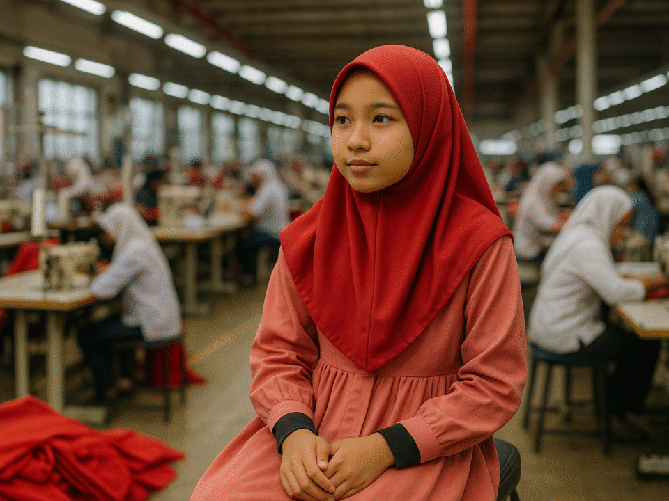 Seorang gadis muda berhijab merah dan gaun pink duduk di pabrik garmen modern, dengan pekerja di belakangnya sedang menjahit.