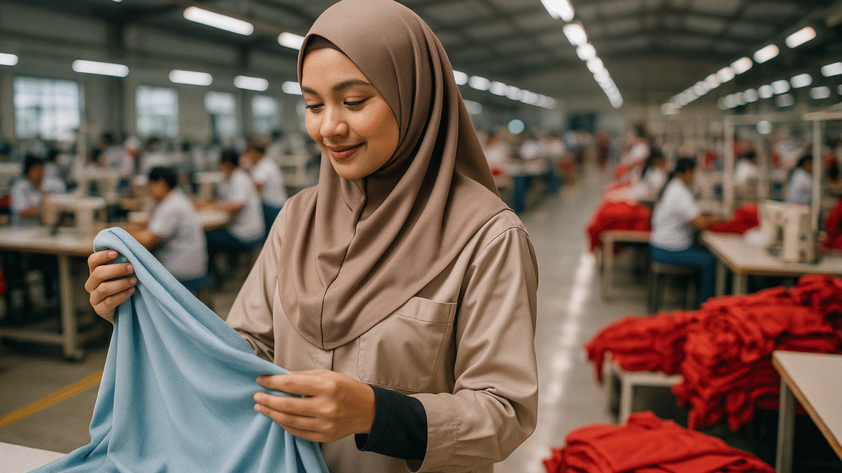 Pekerja wanita berhijab memeriksa kain berwarna biru muda di pabrik konveksi modern, memilih bahan adem untuk pakaian muslimah.
