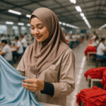 Pekerja wanita berhijab memeriksa kain berwarna biru muda di pabrik konveksi modern, memilih bahan adem untuk pakaian muslimah.