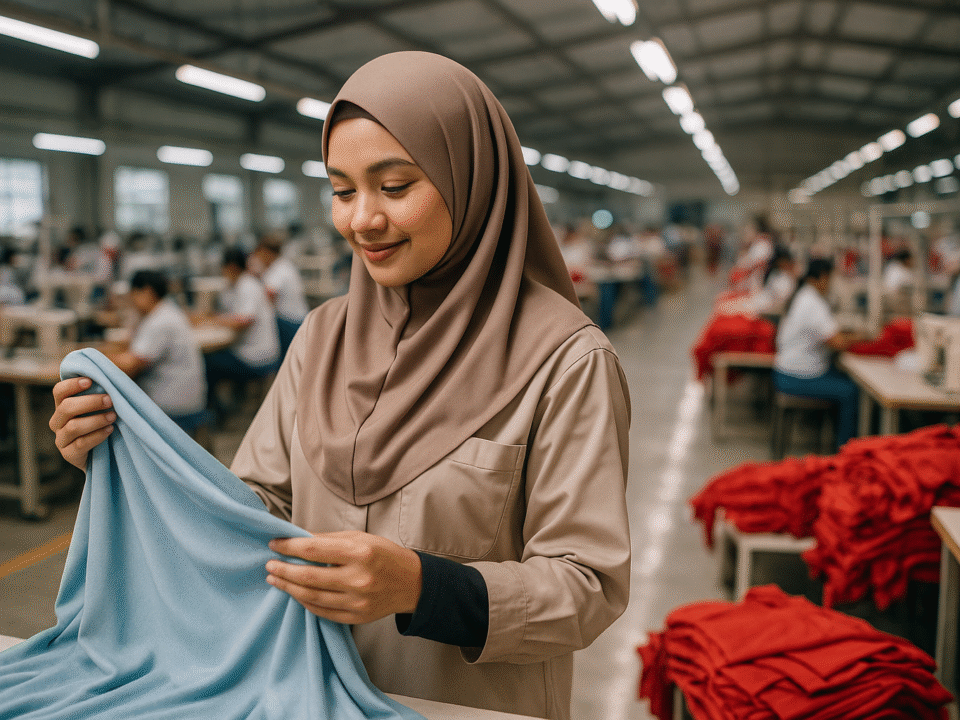 Pekerja wanita berhijab memeriksa kain berwarna biru muda di pabrik konveksi modern, memilih bahan adem untuk pakaian muslimah.