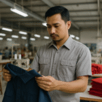Seorang pria berseragam kerja sedang memeriksa kemeja seragam di pabrik konveksi modern, dengan tumpukan kain merah di latar belakang.
