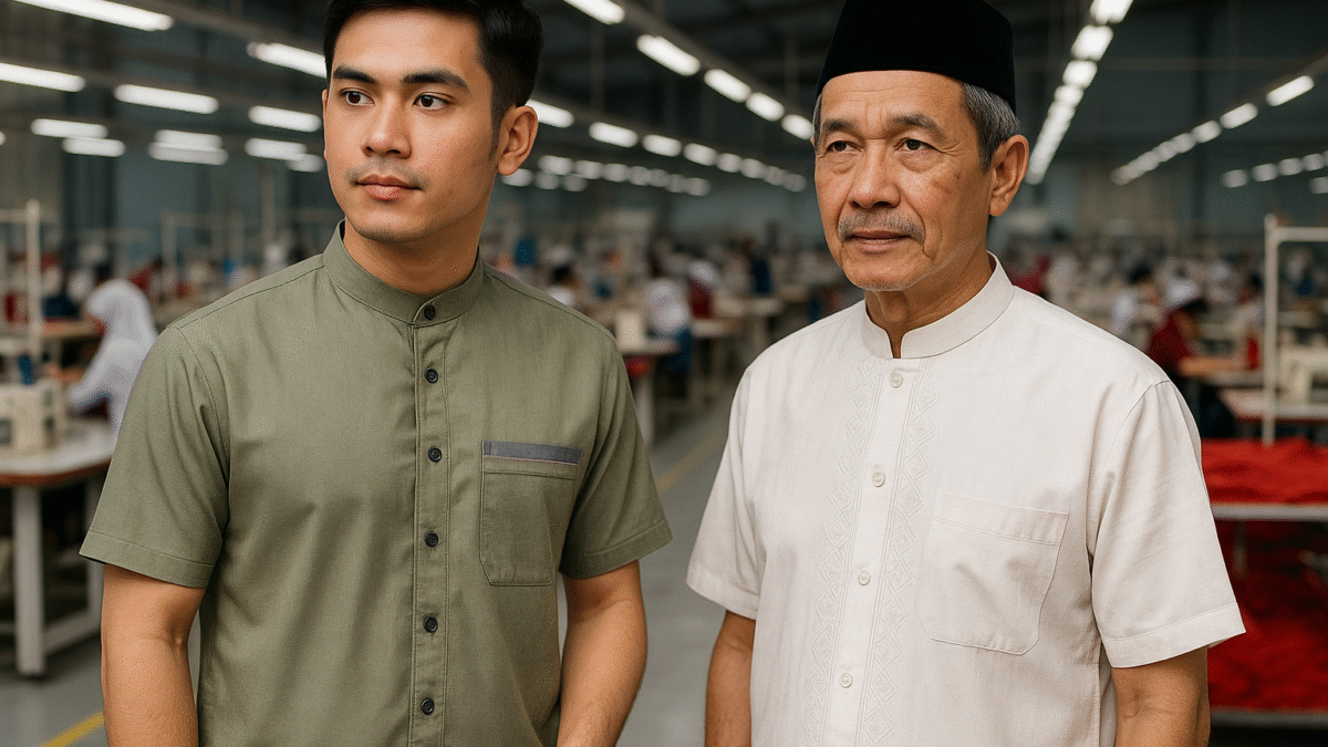 Dua pria mengenakan baju koko modern dan klasik berdiri di pabrik konveksi modern Jawa Barat.