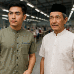 Dua pria mengenakan baju koko modern dan klasik berdiri di pabrik konveksi modern Jawa Barat.