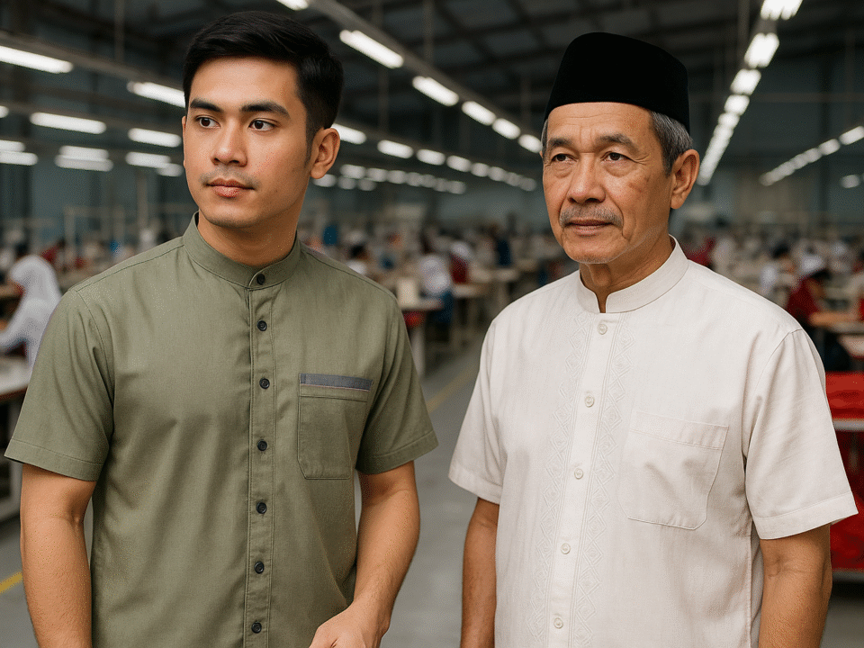 Dua pria mengenakan baju koko modern dan klasik berdiri di pabrik konveksi modern Jawa Barat.