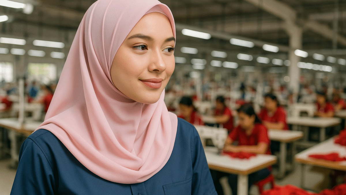 Seorang wanita muda berhijab pastel berdiri di pabrik tekstil modern dengan latar belakang pekerja yang sedang menjahit.