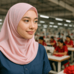 Seorang wanita muda berhijab pastel berdiri di pabrik tekstil modern dengan latar belakang pekerja yang sedang menjahit.