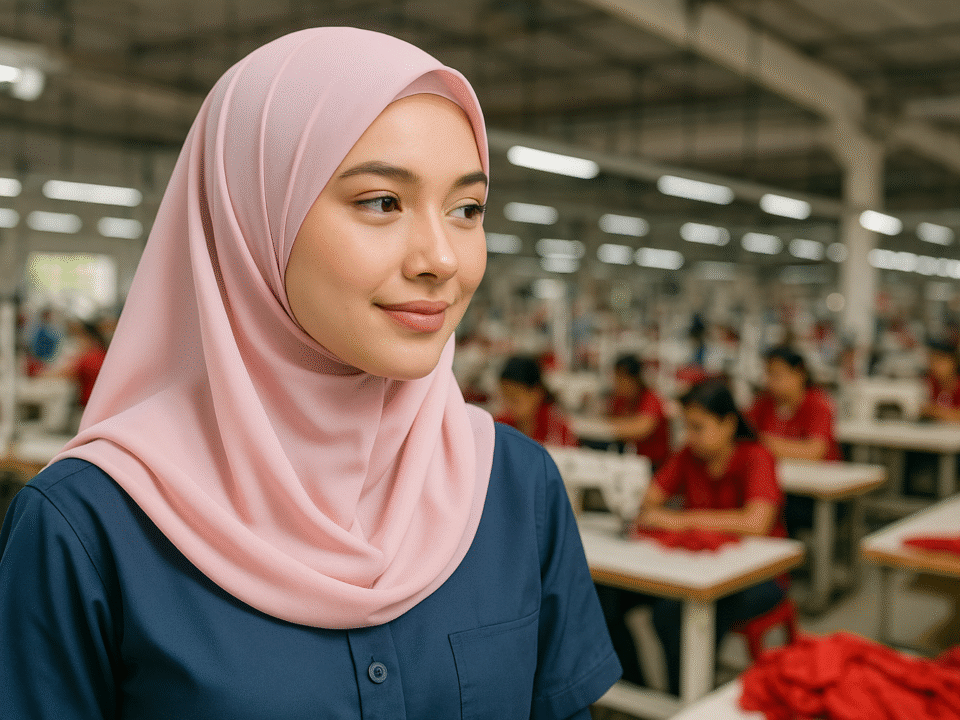 Seorang wanita muda berhijab pastel berdiri di pabrik tekstil modern dengan latar belakang pekerja yang sedang menjahit.