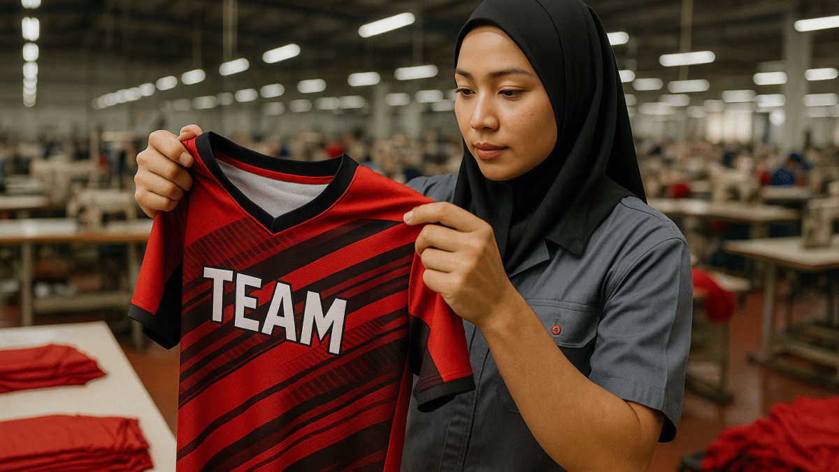 Pekerja wanita berhijab memeriksa jersey olahraga berwarna merah di pabrik tekstil modern Jawa Barat.