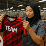 Pekerja wanita berhijab memeriksa jersey olahraga berwarna merah di pabrik tekstil modern Jawa Barat.