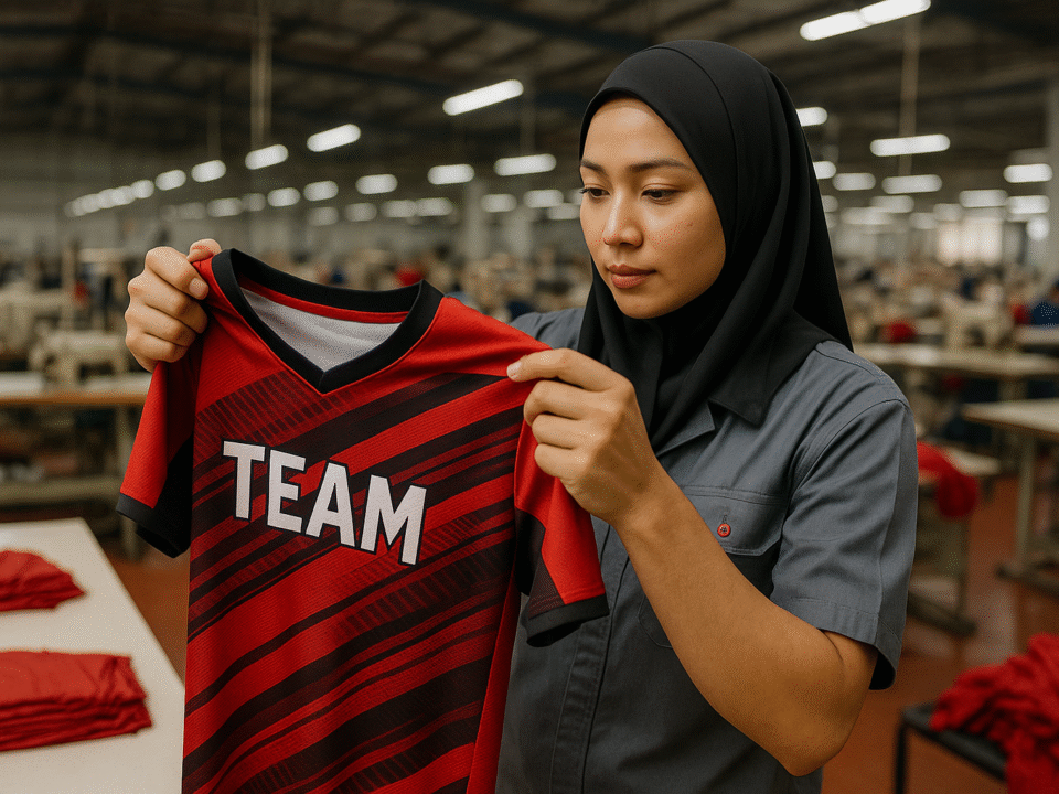 Pekerja wanita berhijab memeriksa jersey olahraga berwarna merah di pabrik tekstil modern Jawa Barat.