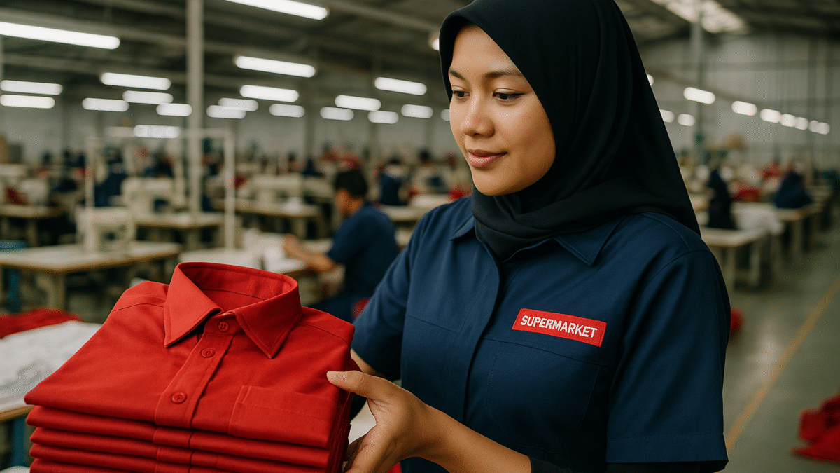 Pekerja wanita berhijab memeriksa tumpukan seragam supermarket merah di pabrik konveksi modern Jawa Barat.